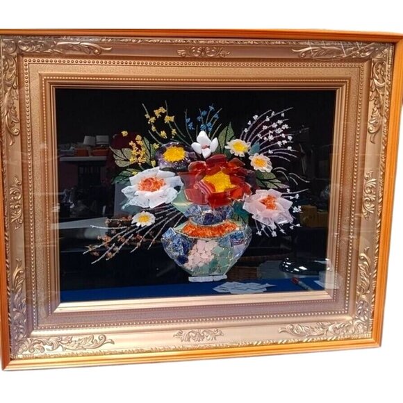 Framed Gemstone Mosaic Floral Flower Arrangement in Ornate Frame Wall Art - Picture 1 of 6